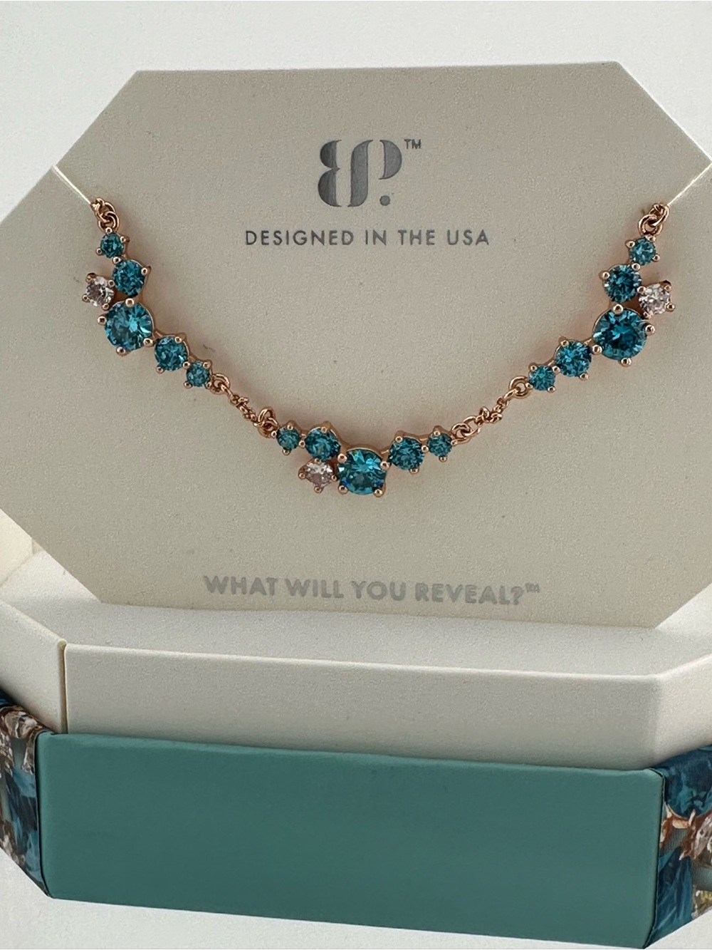 bp Rose Gold Necklace with Teal Blue Crystals